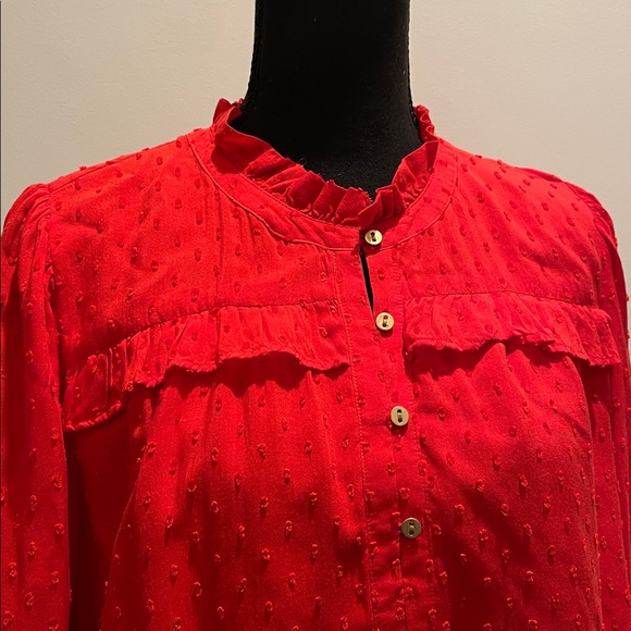 LOFT Tops - LOFT Women’s Swiss Dot Ruffle Blouse Size M Red Romantic Peasant Boho Adaptable